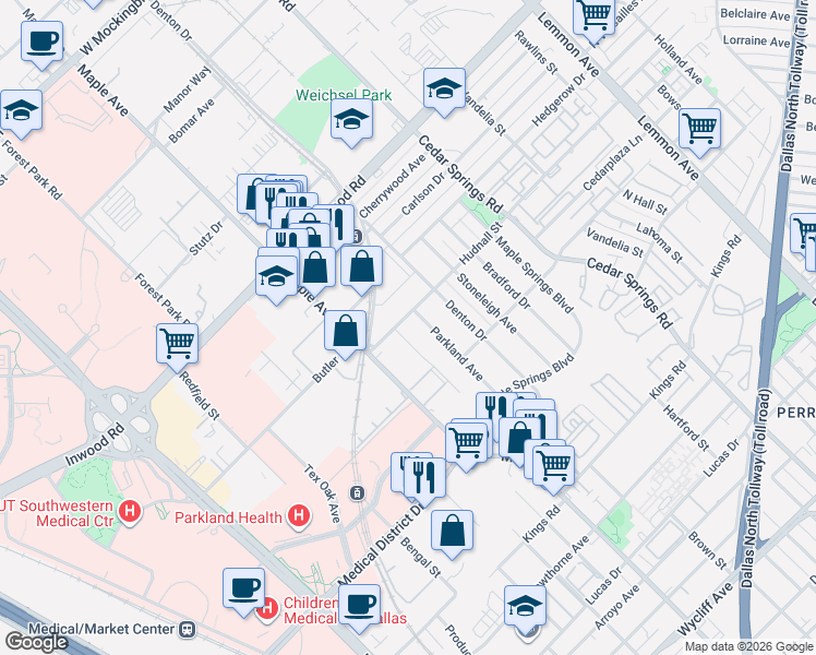 map of restaurants, bars, coffee shops, grocery stores, and more near 5306 Fleetwood Oaks Avenue in Dallas