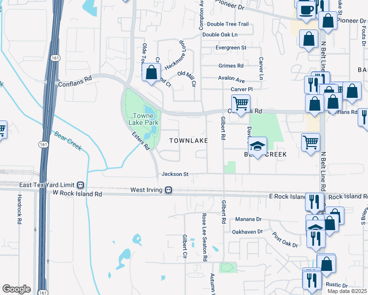 map of restaurants, bars, coffee shops, grocery stores, and more near 4103 Crest Ridge Drive in Irving