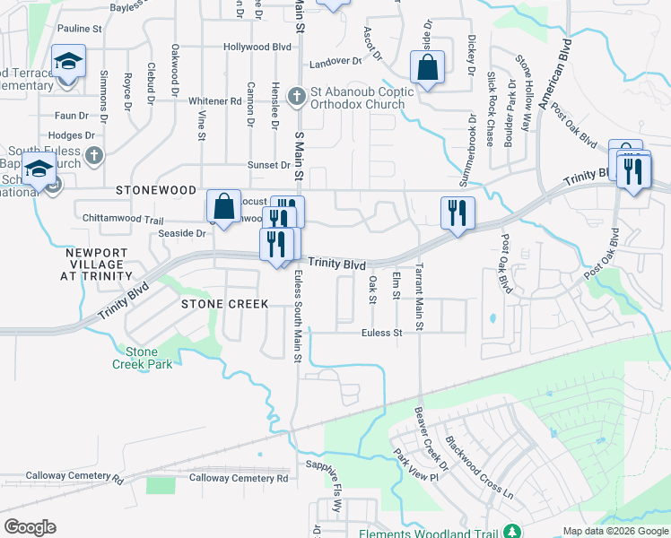 map of restaurants, bars, coffee shops, grocery stores, and more near 3813 Trinity Terrace Lane in Euless