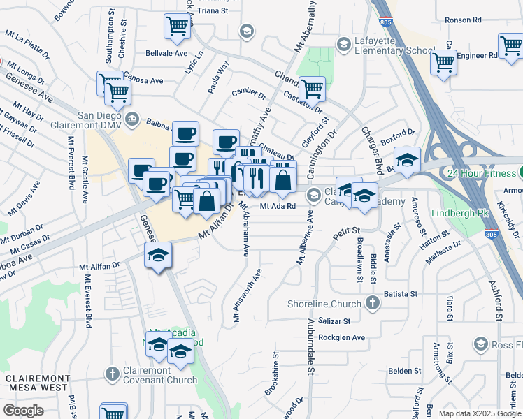 map of restaurants, bars, coffee shops, grocery stores, and more near 6343 Mount Ackerman Drive in San Diego