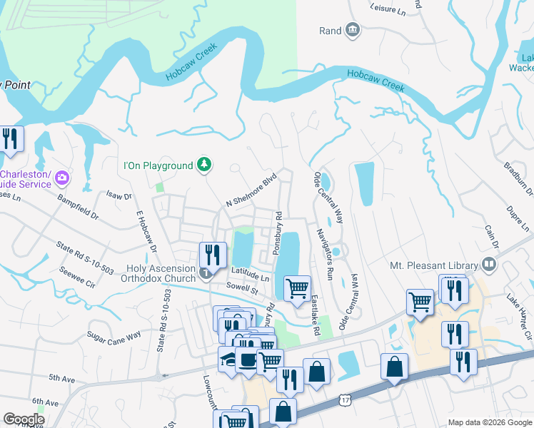 map of restaurants, bars, coffee shops, grocery stores, and more near 121 West Shipyard Road in Mount Pleasant