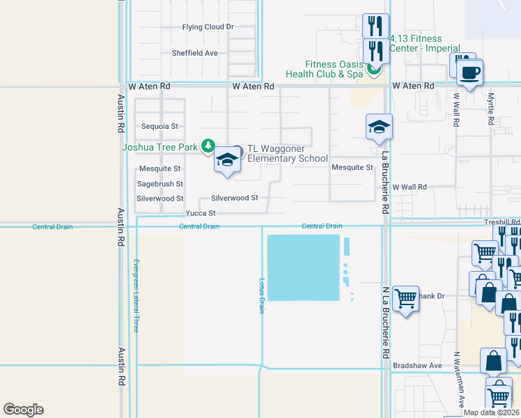 map of restaurants, bars, coffee shops, grocery stores, and more near 606-608 Yucca Street in Imperial