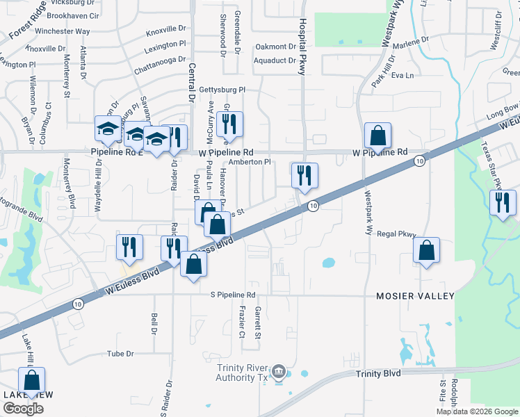 map of restaurants, bars, coffee shops, grocery stores, and more near 2740 Texas 10 in Euless
