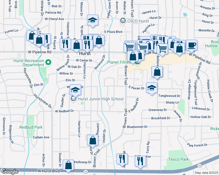 map of restaurants, bars, coffee shops, grocery stores, and more near 528 Oak Park Drive in Hurst