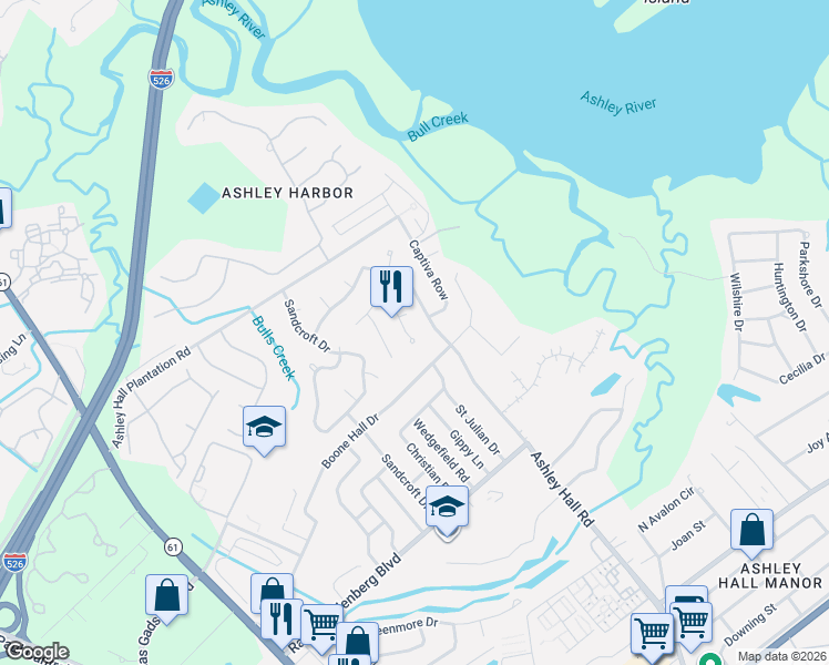 map of restaurants, bars, coffee shops, grocery stores, and more near 13 Casa Bianca Drive in Charleston