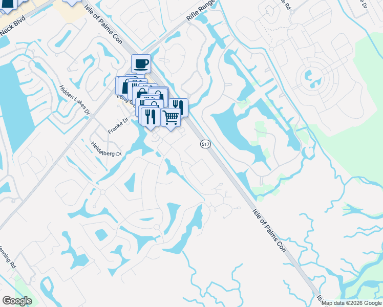map of restaurants, bars, coffee shops, grocery stores, and more near 1600 Long Grove Drive in Mount Pleasant