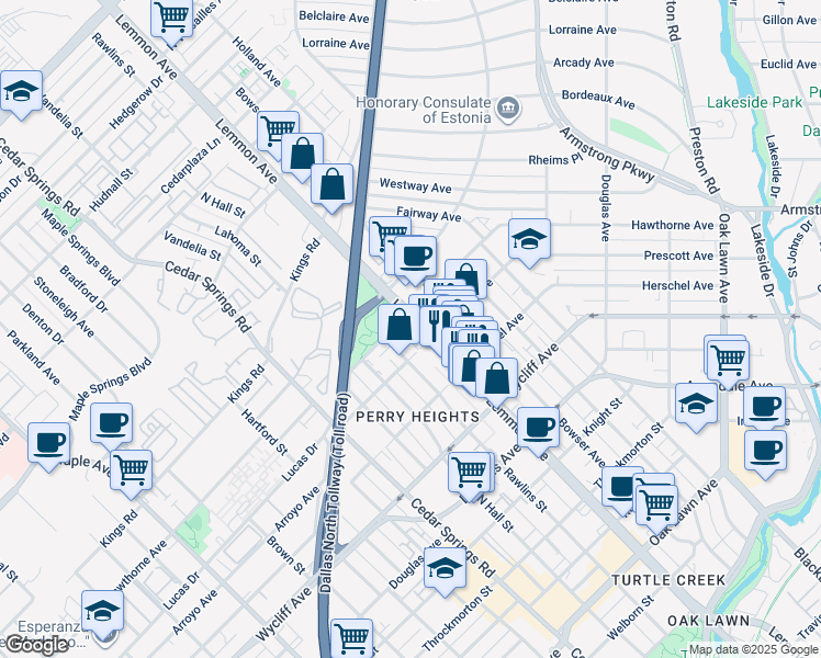 map of restaurants, bars, coffee shops, grocery stores, and more near 4532 Lemmon Avenue in Dallas