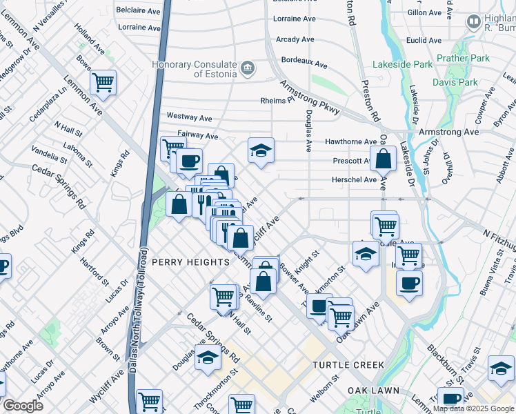 map of restaurants, bars, coffee shops, grocery stores, and more near 3721 Herschel Avenue in Dallas