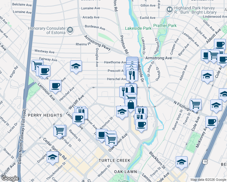 map of restaurants, bars, coffee shops, grocery stores, and more near 4213 Wycliff Avenue in Dallas