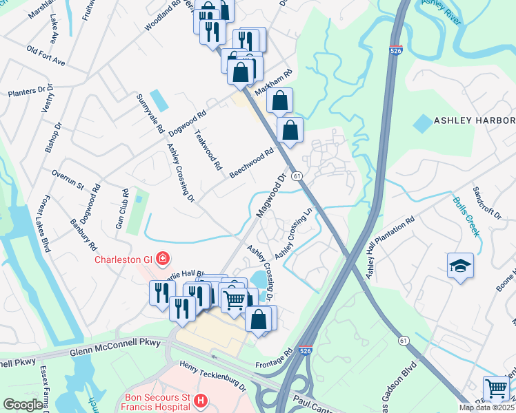 map of restaurants, bars, coffee shops, grocery stores, and more near 1850 Magwood Drive in Charleston
