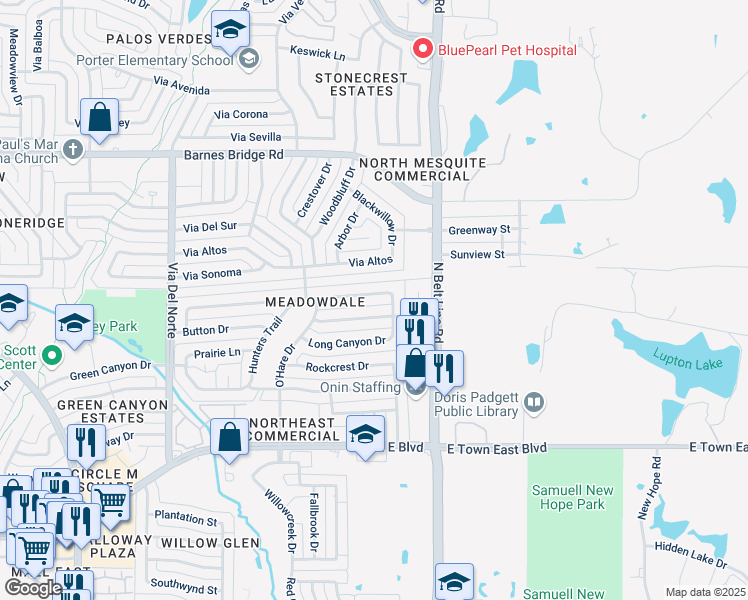 map of restaurants, bars, coffee shops, grocery stores, and more near 217 Hardwood Trail in Mesquite