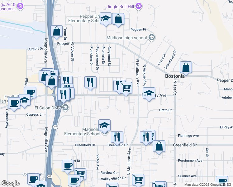 map of restaurants, bars, coffee shops, grocery stores, and more near 450 East Bradley Avenue in El Cajon