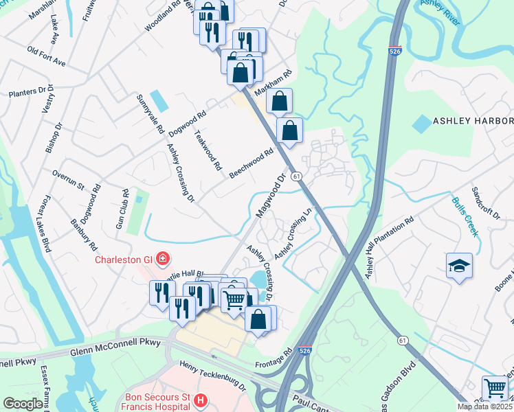 map of restaurants, bars, coffee shops, grocery stores, and more near 1901 Cedar Petal Lane in Charleston