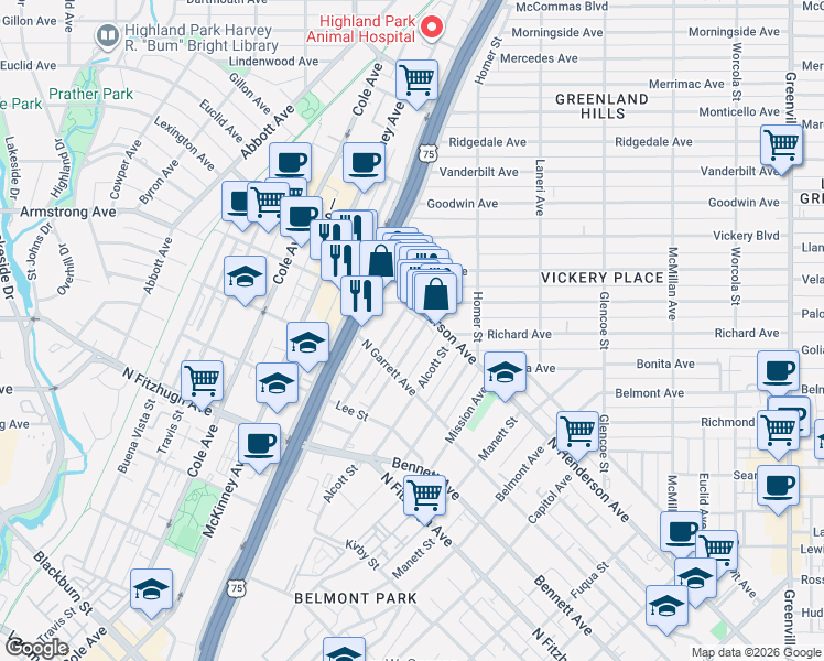 map of restaurants, bars, coffee shops, grocery stores, and more near 2841 North Henderson Avenue in Dallas