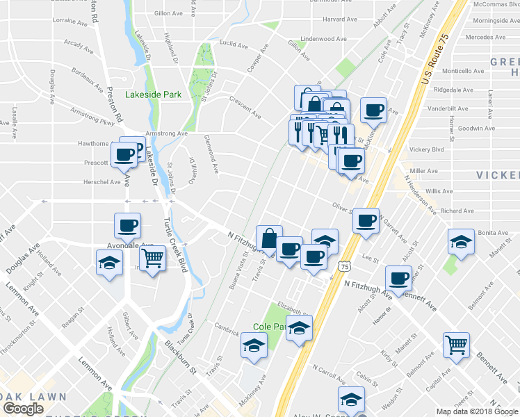 map of restaurants, bars, coffee shops, grocery stores, and more near 2 Katy Trail in Dallas