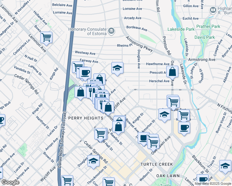 map of restaurants, bars, coffee shops, grocery stores, and more near 3721 Herschel Avenue in Dallas