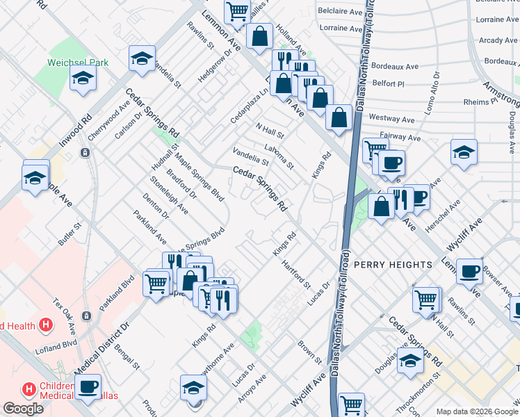 map of restaurants, bars, coffee shops, grocery stores, and more near 4837 Cedar Springs Road in Dallas