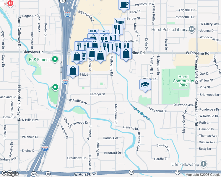 map of restaurants, bars, coffee shops, grocery stores, and more near 640 Melbourne Court in Hurst