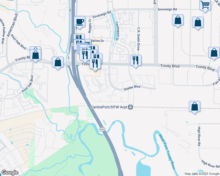 map of restaurants, bars, coffee shops, grocery stores, and more near 14300 Statler Boulevard in Fort Worth