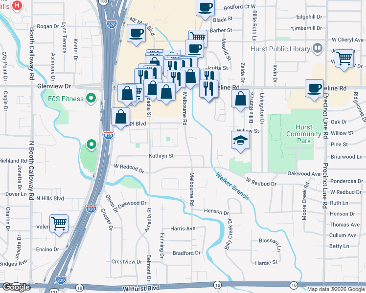 map of restaurants, bars, coffee shops, grocery stores, and more near 640 Melbourne Court in Hurst