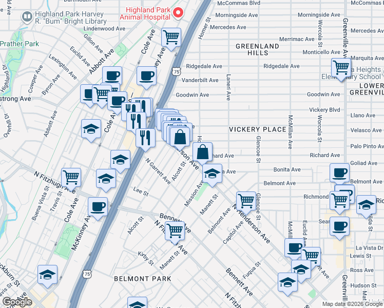 map of restaurants, bars, coffee shops, grocery stores, and more near 5140 Willis Avenue in Dallas