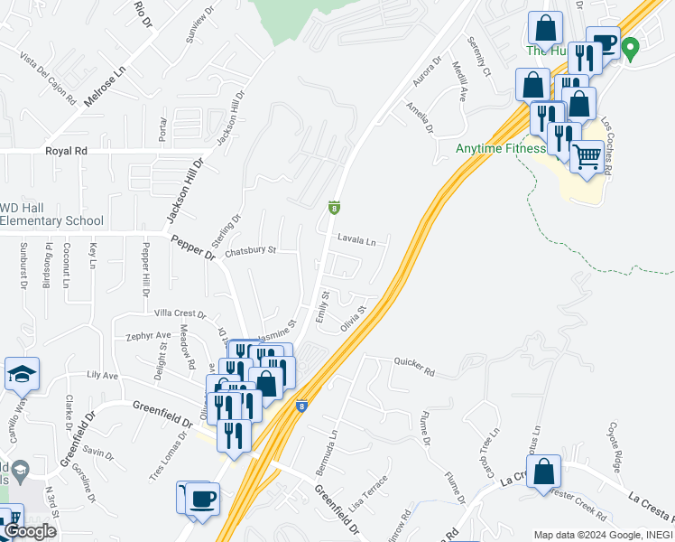 map of restaurants, bars, coffee shops, grocery stores, and more near 1609 Hanson Lane in El Cajon