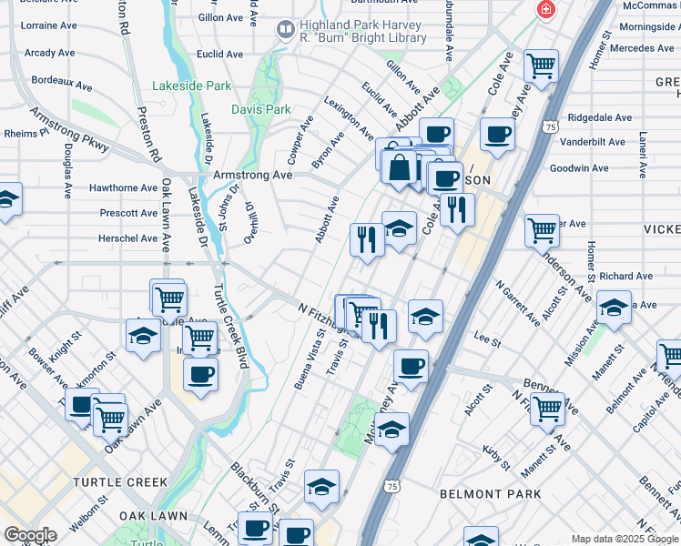 map of restaurants, bars, coffee shops, grocery stores, and more near 2 Katy Trail in Dallas