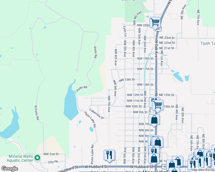map of restaurants, bars, coffee shops, grocery stores, and more near 1701 Northwest 6th Avenue in Mineral Wells