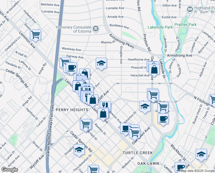 map of restaurants, bars, coffee shops, grocery stores, and more near 4333 Gilbert Avenue in Dallas