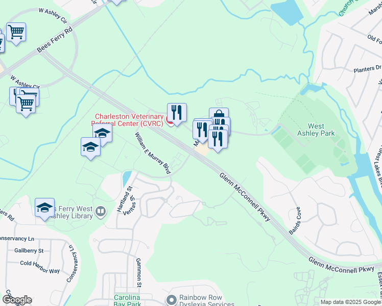 map of restaurants, bars, coffee shops, grocery stores, and more near Glenn McConnell Parkway & West Wildcat Boulevard in Charleston