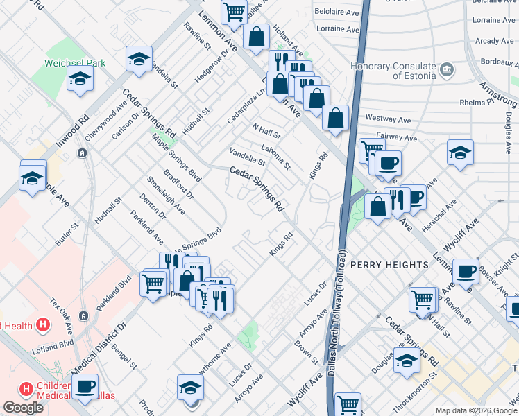 map of restaurants, bars, coffee shops, grocery stores, and more near 4837 Cedar Springs Road in Dallas