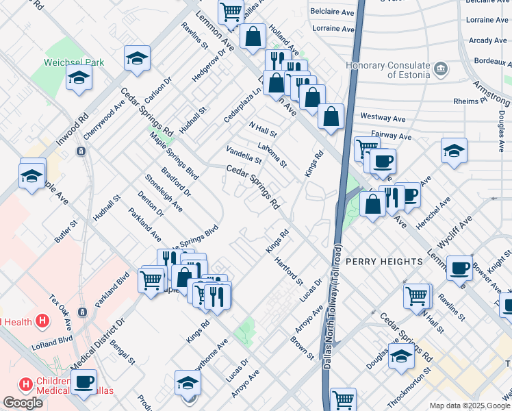 map of restaurants, bars, coffee shops, grocery stores, and more near 4859 Cedar Springs Road in Dallas