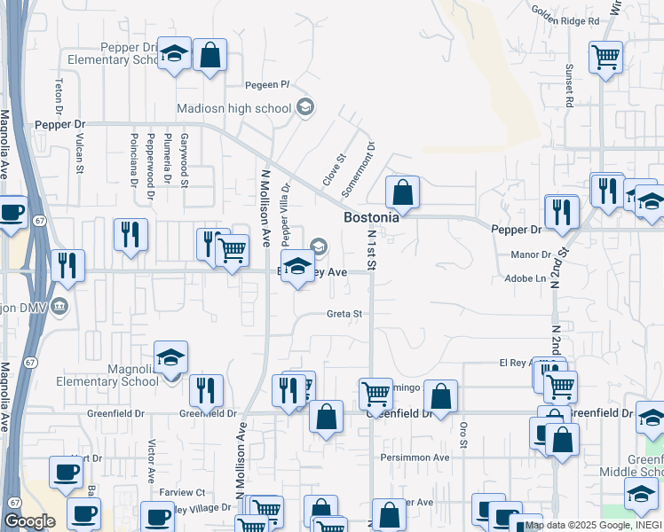 map of restaurants, bars, coffee shops, grocery stores, and more near 1717 Kyle Place in El Cajon