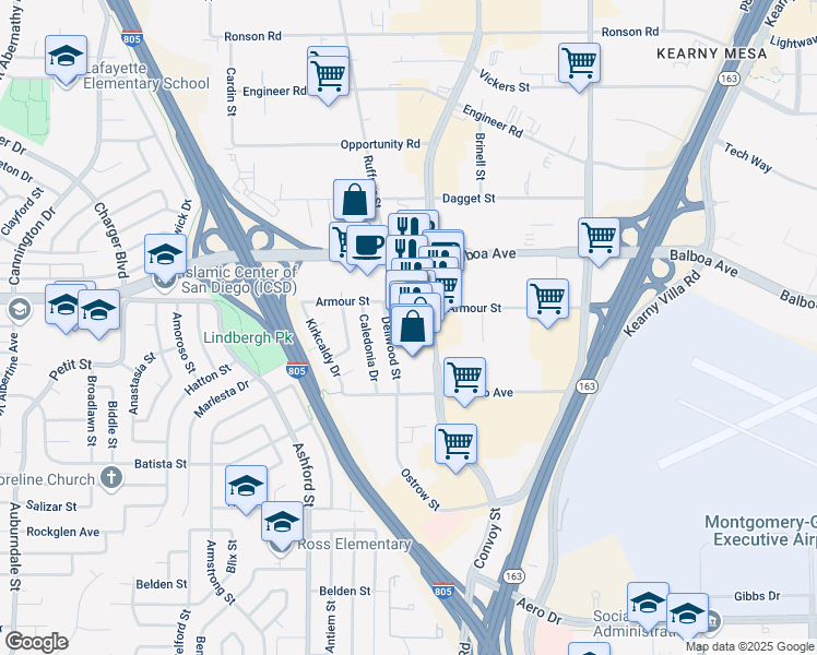 map of restaurants, bars, coffee shops, grocery stores, and more near 4344 Convoy Street in San Diego