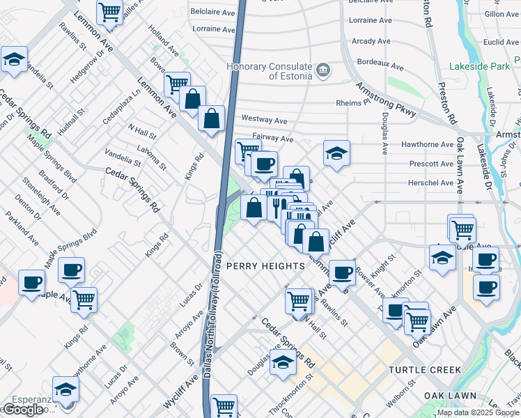 map of restaurants, bars, coffee shops, grocery stores, and more near 4532 Lemmon Avenue in Dallas