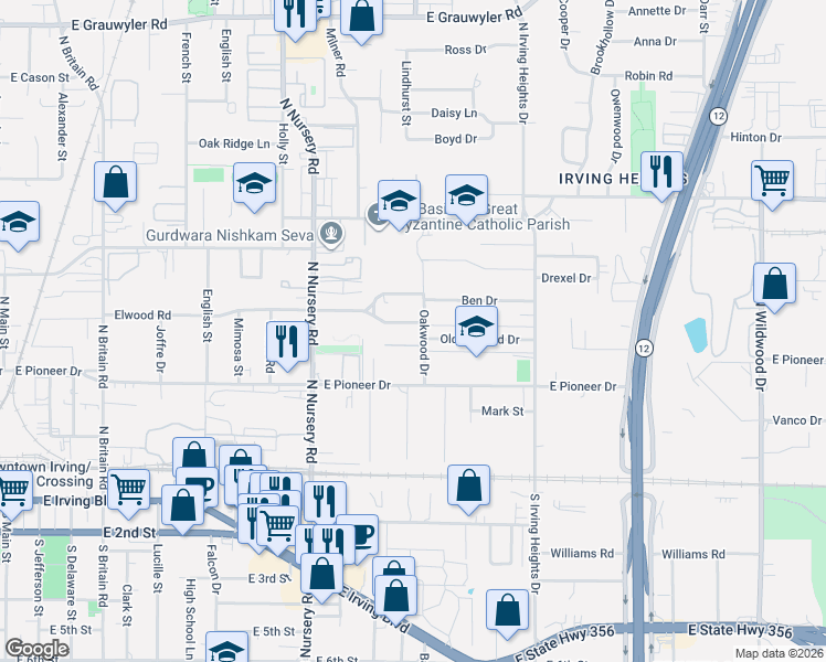 map of restaurants, bars, coffee shops, grocery stores, and more near 1313 Stone Drive in Irving