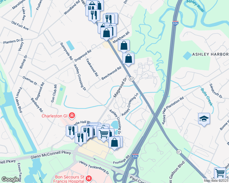 map of restaurants, bars, coffee shops, grocery stores, and more near 1850 Magwood Drive in Charleston
