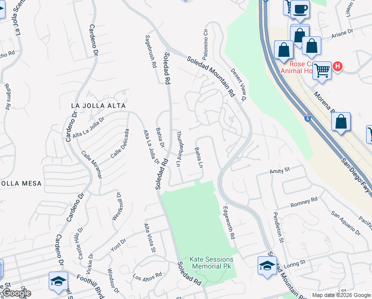 map of restaurants, bars, coffee shops, grocery stores, and more near 5515 Thunderbird Lane in San Diego