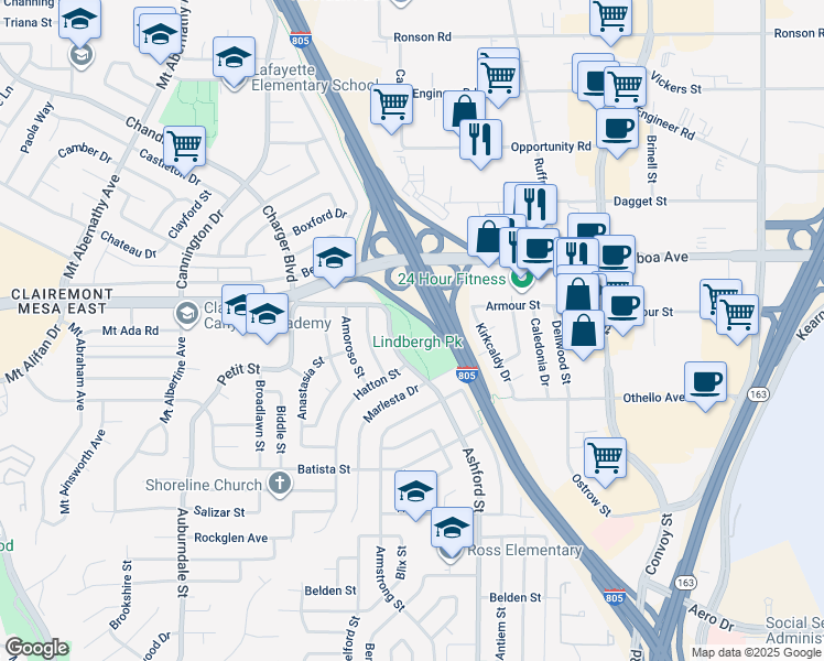 map of restaurants, bars, coffee shops, grocery stores, and more near 4141 Ashford Street in San Diego