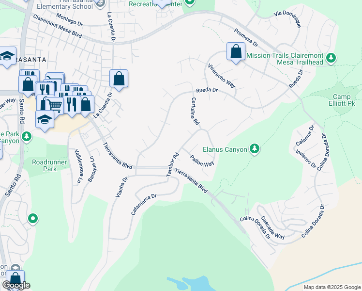 map of restaurants, bars, coffee shops, grocery stores, and more near 4114 Tambor Road in San Diego
