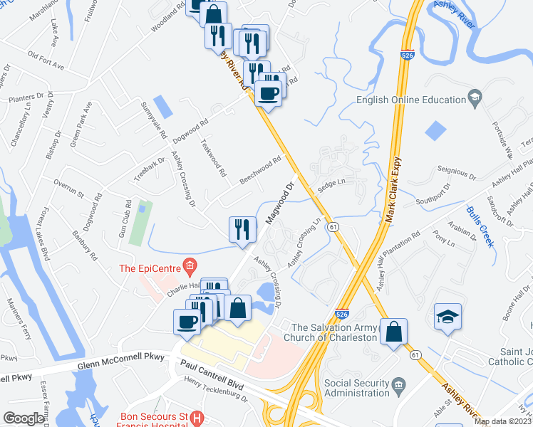 map of restaurants, bars, coffee shops, grocery stores, and more near 1901 Cedar Petal Lane in Charleston