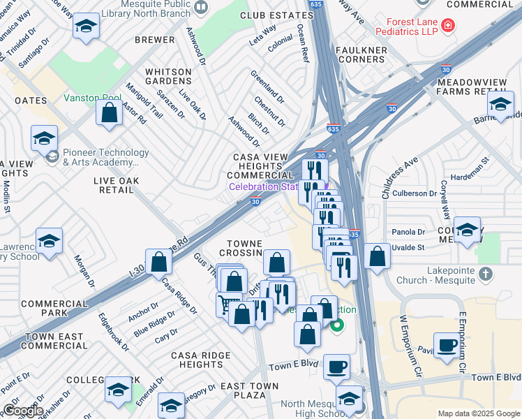 map of restaurants, bars, coffee shops, grocery stores, and more near 4037 Interstate 30 Frontage Road in Mesquite