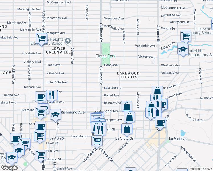 map of restaurants, bars, coffee shops, grocery stores, and more near 6126 Palo Pinto Avenue in Dallas