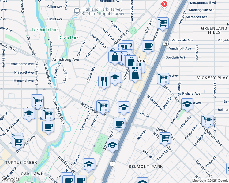 map of restaurants, bars, coffee shops, grocery stores, and more near 4338 Travis Street in Dallas
