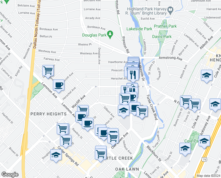 map of restaurants, bars, coffee shops, grocery stores, and more near 4135 Wycliff Avenue in Dallas