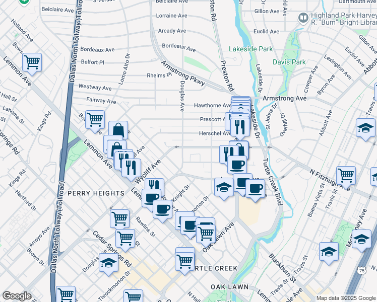 map of restaurants, bars, coffee shops, grocery stores, and more near 4220 Douglas Avenue in Dallas