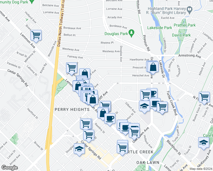 map of restaurants, bars, coffee shops, grocery stores, and more near 3929 Wycliff Avenue in Dallas