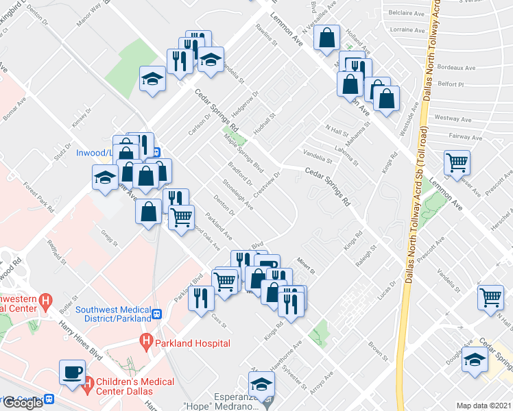 map of restaurants, bars, coffee shops, grocery stores, and more near 5122 Bradford Drive in Dallas