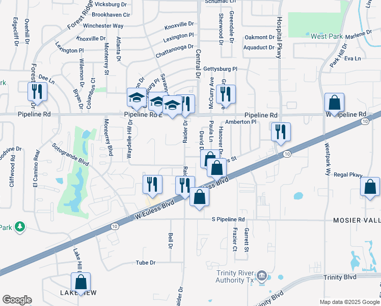 map of restaurants, bars, coffee shops, grocery stores, and more near 3004 Raider Court in Euless