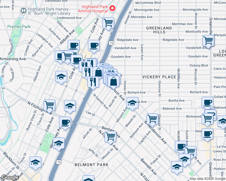 map of restaurants, bars, coffee shops, grocery stores, and more near 2841 North Henderson Avenue in Dallas